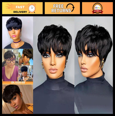 Short Layered Pixie Cut Wig for Women - Human Hair, Glueless, Wavy, Black