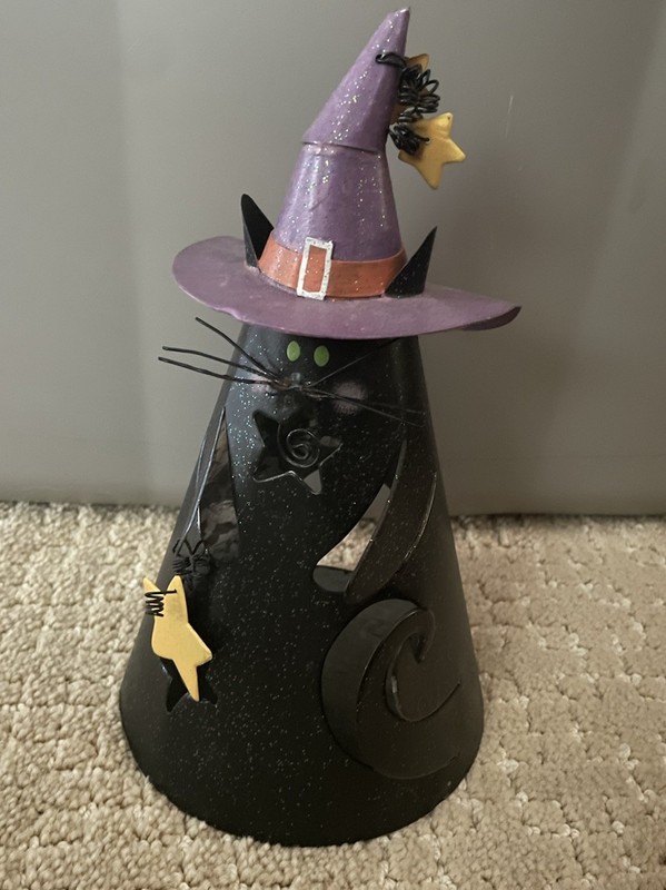 Vintage Metal Halloween Black Cat W Purple Hat Tea Lite Candle Holder 10” Tall