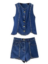 AUTHENTIC Sandro Classic Women Rhinestone Round Neck Cowboy Vest Shorts SML