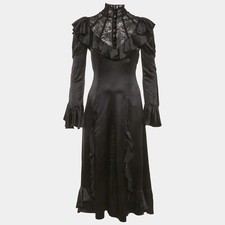 Gucci Black Lace Trim Satin Ruffled Midi Dress S
