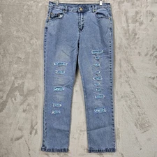 DG2 Diane Gilman Jeans Womens 8P Blue Sequin Distressed Straight Leg Denim Pants