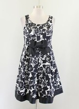 Tahari ASL Levine Ivory Navy Blue Black Floral Bow Fit Flare Cocktail Dress Sz 6