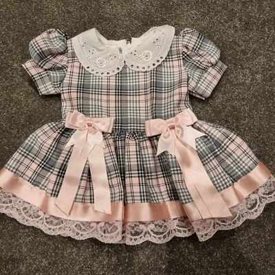 Christmas Pink Tartan Lace Collar Pink Satin Bow Baby Girls Party Dress  UK