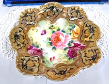 Nippon painted  footed bowl with red cabbage rose and raised gold gilt Japan