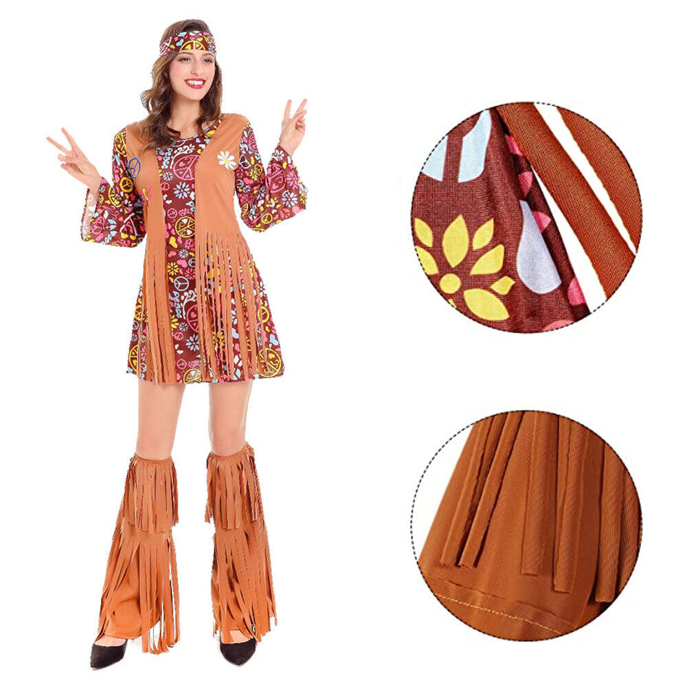 Damen Hippie Kostüm Flower Power 60er Jahre Fasching Karneval Retro Disco Outfit