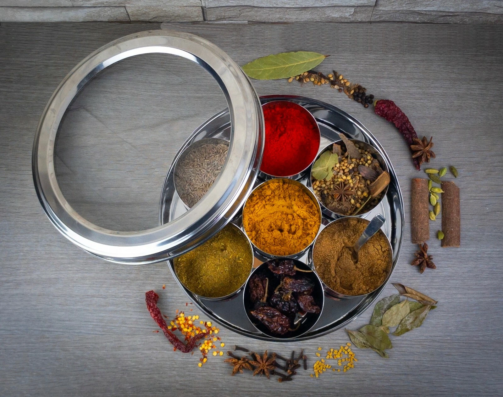 Authentic Indian Spice Tin / Masala Dabba - FREE Spoon With See Through Lid