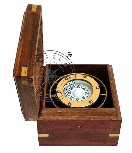 Antique Brass Gimbal in Wooden Box Maritime Nautical Ship/Boat Binnacle Compass - 第 5/5 張圖片