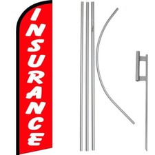 Insurance Red / White Windless Banner Flag  16' Flagpole Kit /Ground