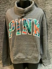 Victoria's Secret Pink Tropical Cowl Neck Pullover Heather Gray Neon Logo M NIP