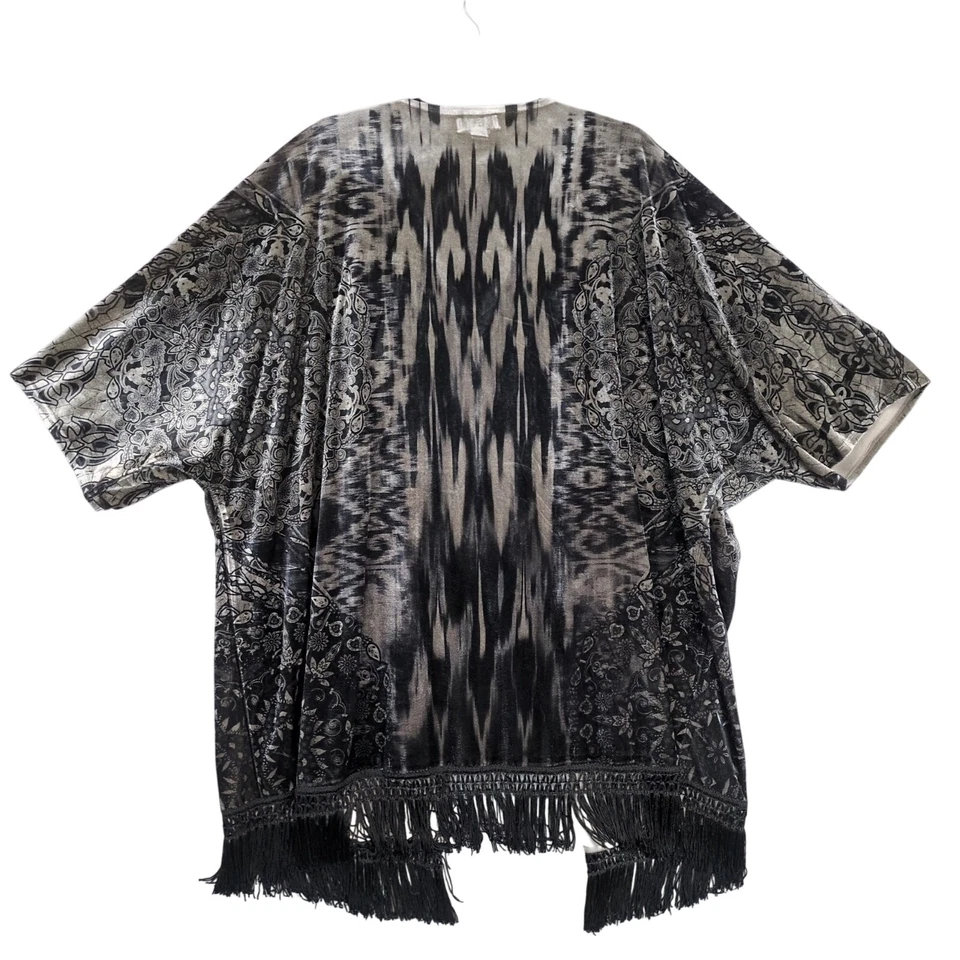 One World Women's Plus 3X Boho Velvet Burnout Fringe Kimono Robe Y2K Fairy Gypsy - Image 2 of 4