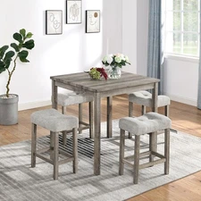 5 Piece Dining Table Set Square Wooden Table with 4 Upholstered Saddle Stools