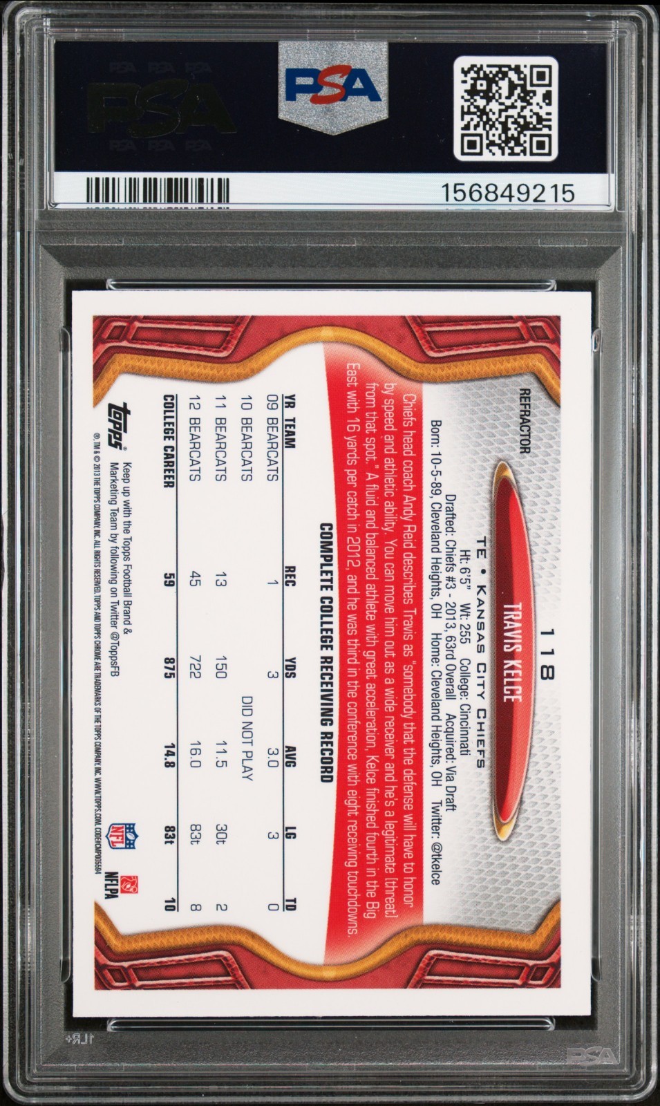 2013 Topps Chrome #118 Travis Kelce Blue Wave Refractor PSA 8 view 2