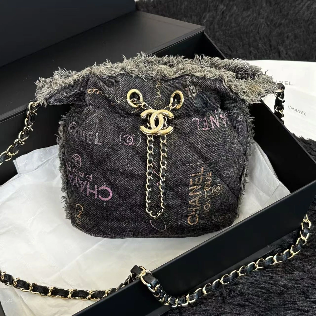 CHANEL Drawstring Denim Exterior Bags & Handbags for Women for