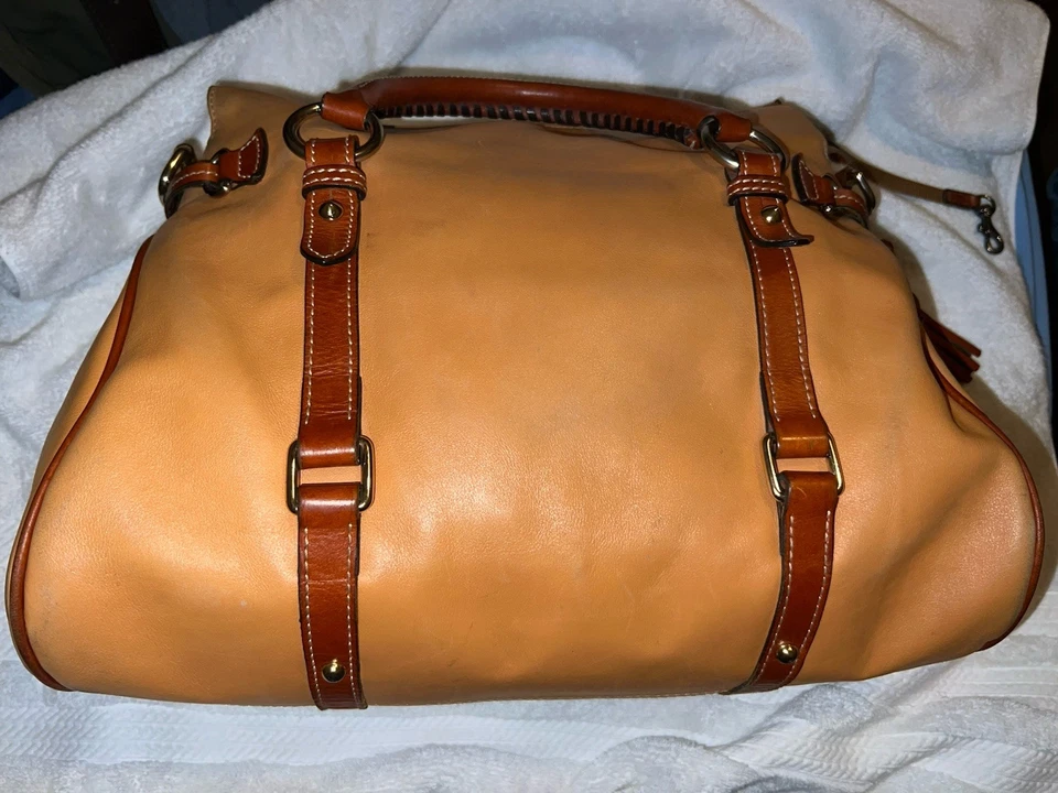 Dooney & Bourke Yellow Tan Florentine Leather Satchel Bag Tassel Whipstitch Stud - Image 4 of 4