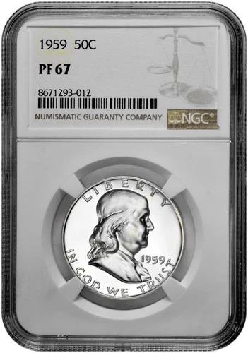 1959 50C Proof Silver Franklin Half Dollar NGC Graded PF 67 in New Holder