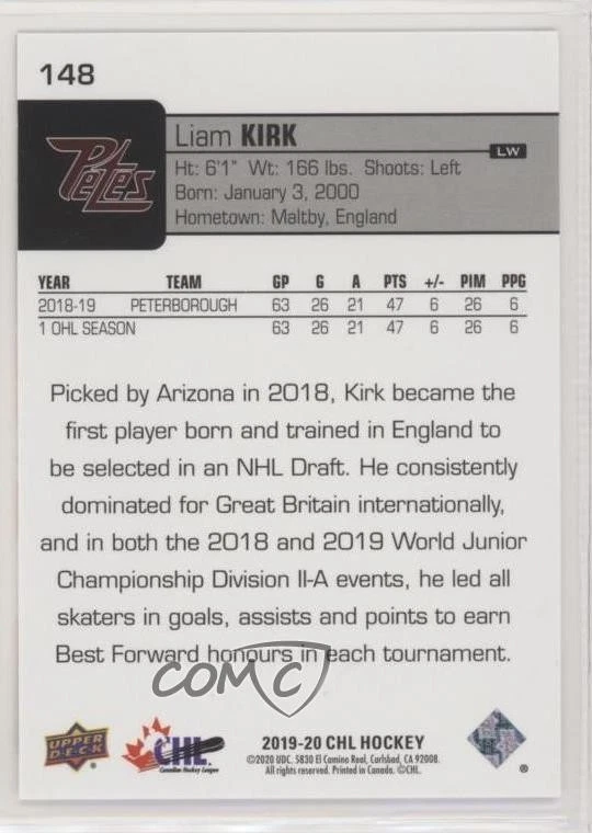 2019-20 Upper Deck CHL Gold Glossy Liam Kirk #148 - Image 2 of 2