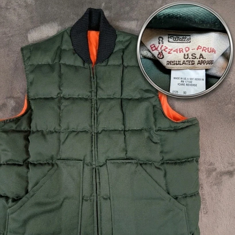 Pristine VTG Walls 'Blizzard Pruf' Reversible Green Orange Down Fill Puffer Vest
