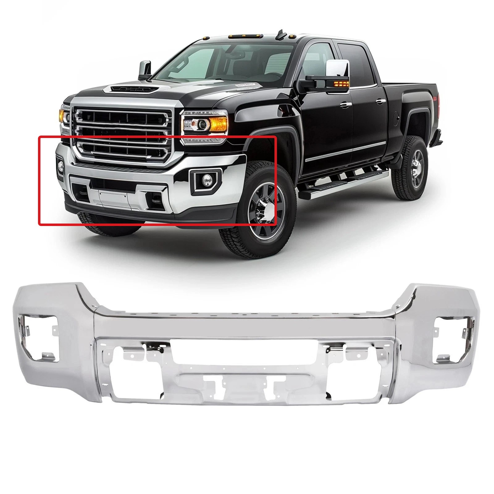 Chrome Front Bumper Face Bar For 2015-2019 GMC Sierra 2500 HD 3500 HD W/O Sensor