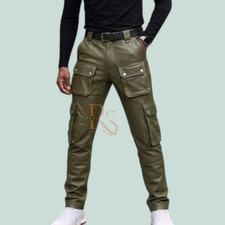 Men s Lambskin Leather Cargo Pants Slim Fit Biker Trousers Multi Pocket Green