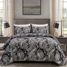DJY Black Paisley Quilt Set Full Size Boho Bedspread Coverlet Set 3 Pieces, Soft