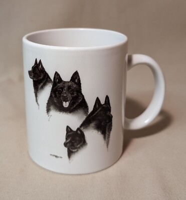 WHITE CERAMIC SCHIPPERKE DOG COFFEE CUP MUG SIGNED  BY LAURA ROGERS 1996