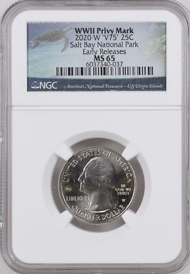 2020 W 'V75' 25¢ NGC MS 65 Salt Bay National Park WWII Privy Mark