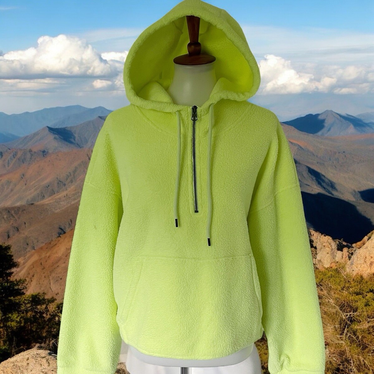 American Eagle Popover Pullover Neon Green Yellow Fleece Hoodie Sweatshirt  XL