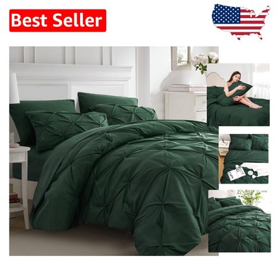 Elegant 5pc Twin Comforter Set with Pintuck Design in Dark Green - All Season