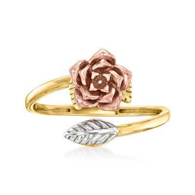 Ross-Simons 14kt Tri-Colored Gold Rose and Leaf Bypass Ring