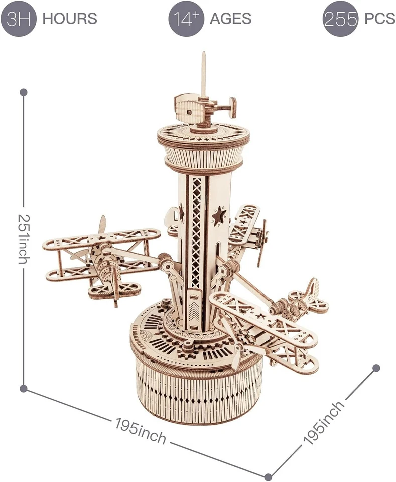 ROKR Airplane Control Tower 3D Wooden Puzzle Model Game Music Box Toy XMAS Gifts - Image 3 of 4