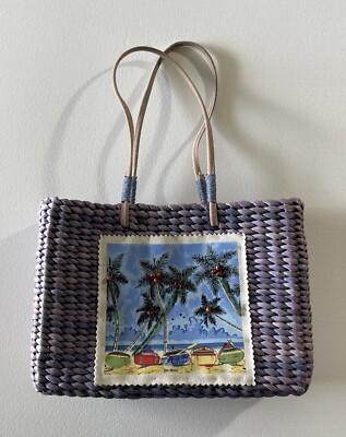 Sun N Sand Straw Hand Bag Tote Purse Light Purple Lilac Fall Parm Trees Small