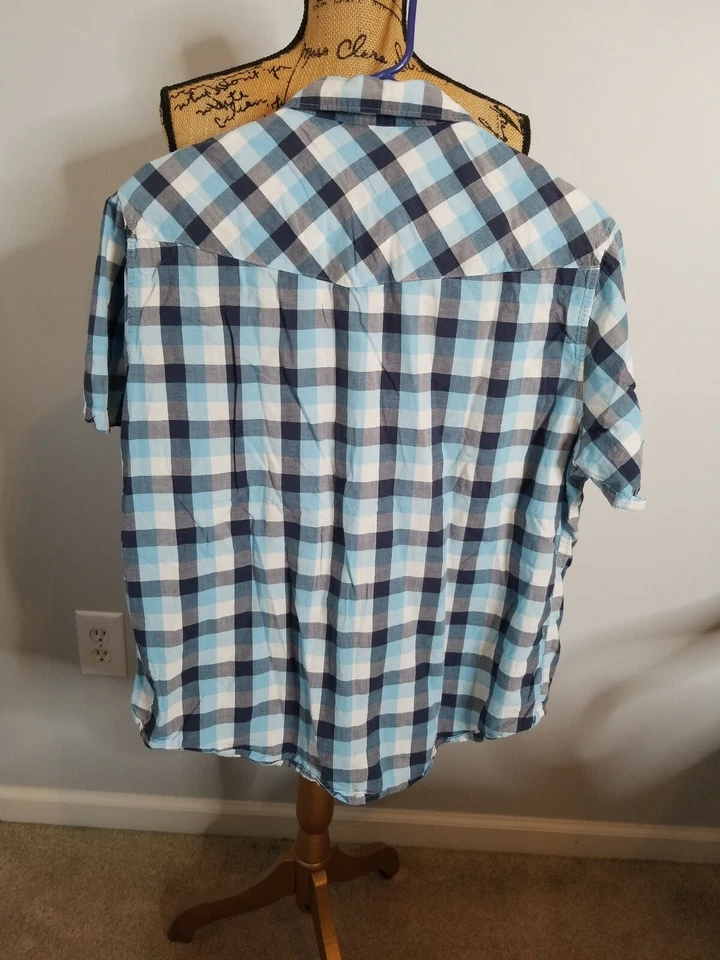 Camisa Hang Ten Vintage Azul Cuadros Perla A Presión Manga Corta Bolsillos Juvenil Talla XL Foto 2 de 4