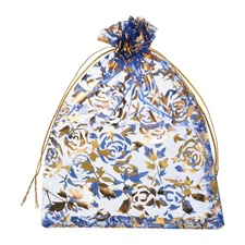 100 Pcs Organza Bag 4"x6" Sheer Flower Heart Mesh Bags Drawstring Blue-Gold