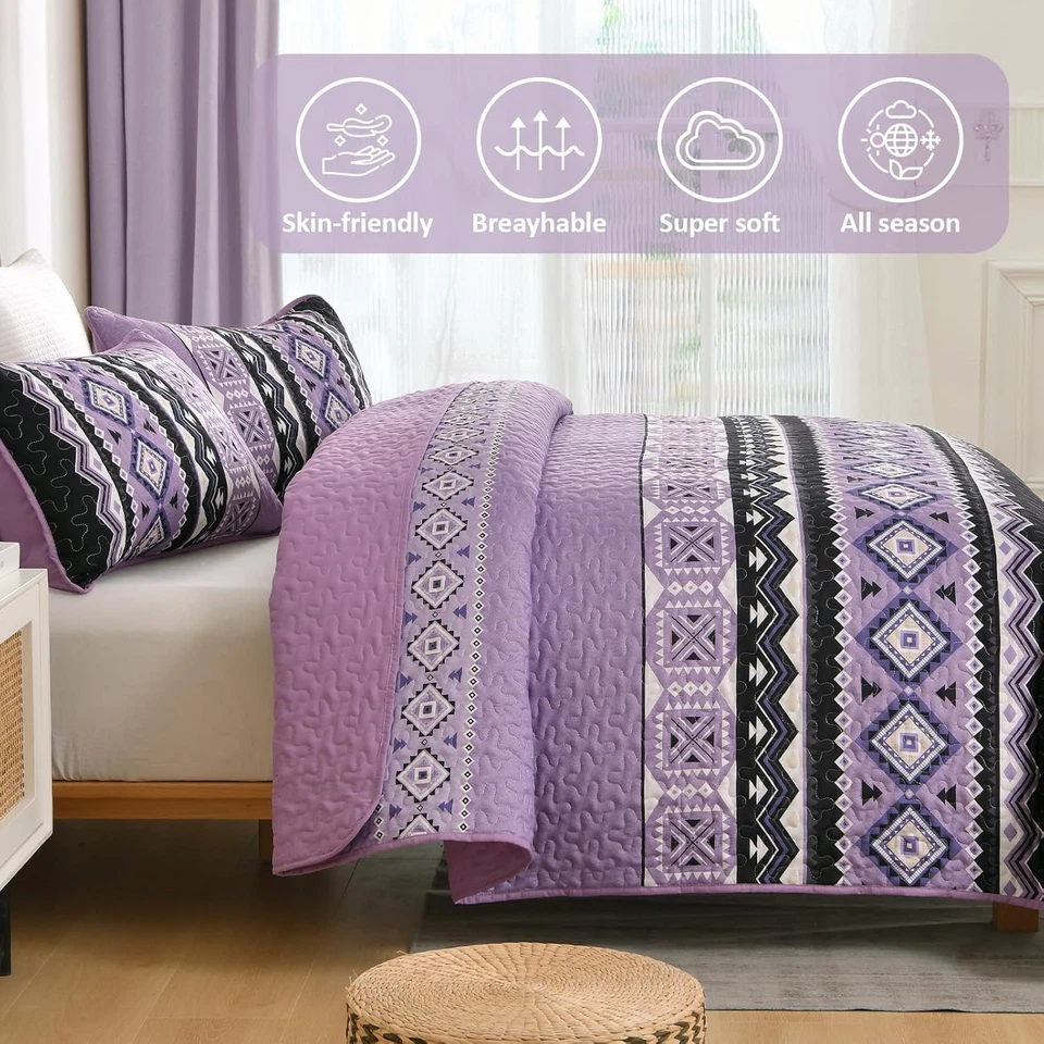 Juego de colcha boho púrpura 3 piezas Queen con 2 fundas de almohada 96x90 Foto 3 de 4