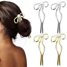 4PCS Bow Pearl Hair Clips, Metal U Shaped Updo Hair Sticks, French Twist Pin