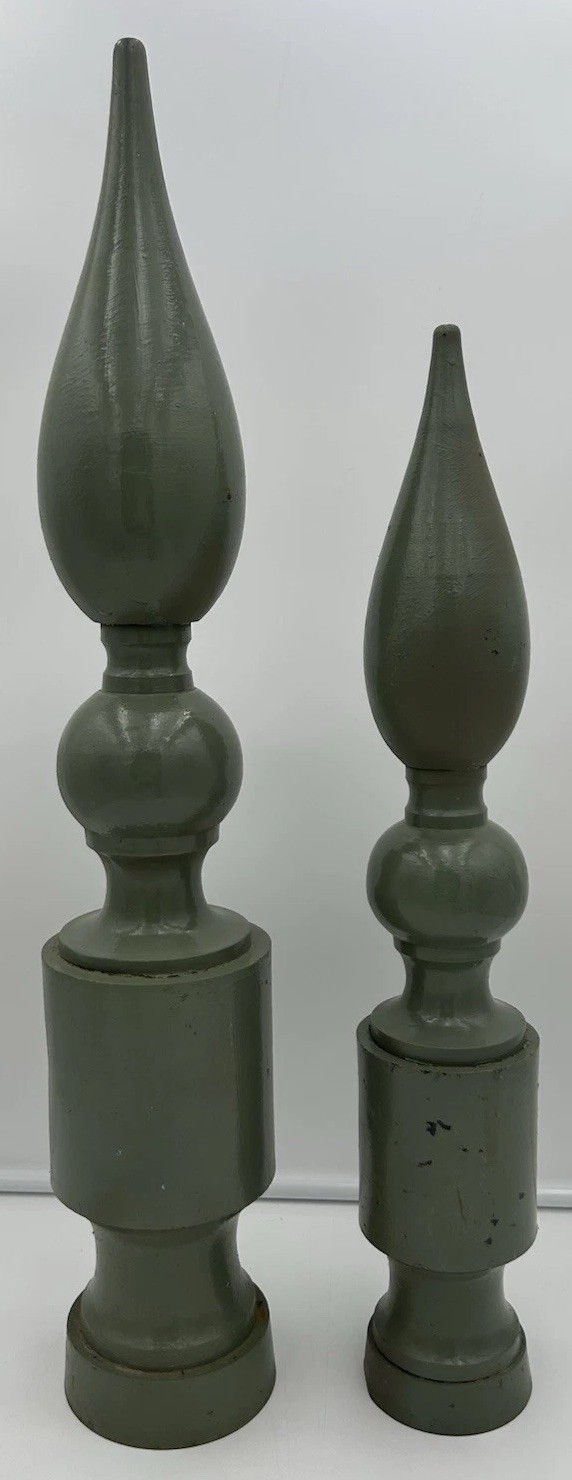 Antique Cast Iron Fence Finials Pair Green Paint Decor 18in x 4in 22in x 3in VTG