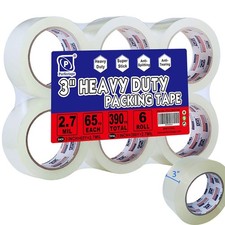 3" Heavy Duty Packing Tape 6 Rolls, Total 390Y, Clear, 2.7 mil, 3 inch x 65 Y.