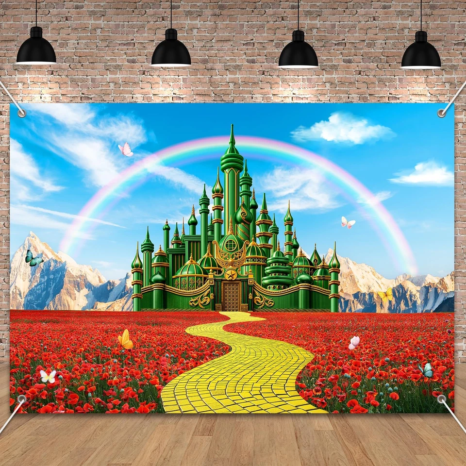 8x6FT Green Castle Wonderland Backdrop, Yellow Brick Road, Rainbow Garden, Props - Image 2 of 4