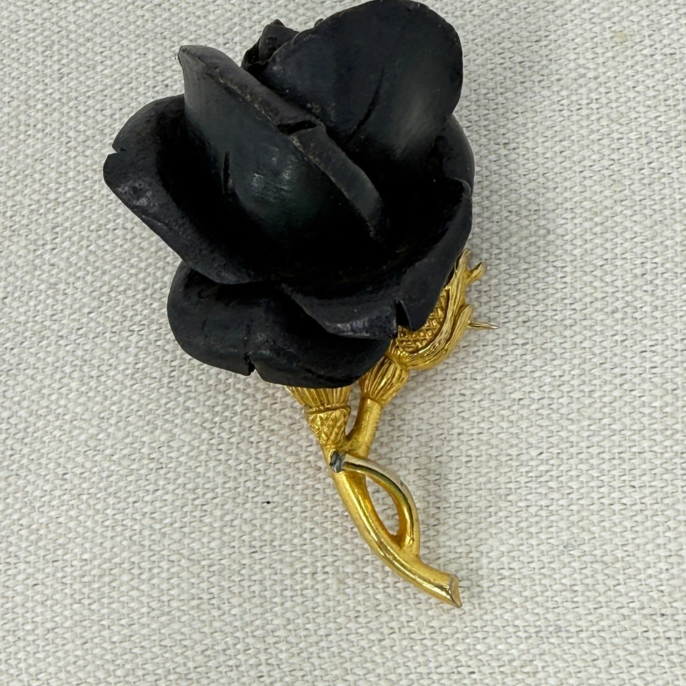 Nettie Rosenstein Black Rose Brooch Gold Tone Metal Flower Lapel Pin - Image 2 of 4