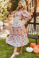 T & C Apparel Floral Tiered Midi Dress White Orange Gold Elastic Waist Lined 3X