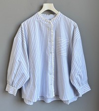 Damen Bluse Hemdbluse Spitze Gr. 38 40 42 44 M L XL XXL Weiß Blau Streifen weit