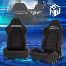 Set Of 2 Universal Fabric Reclinable Racing Seats Dual Sliders Red Stitching Lr