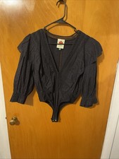 Farm Rio Swiss Dot Ruffle Plunging V-Neck Body Suit Blouse Black Small