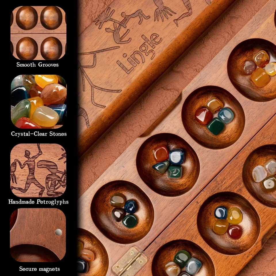 Juego de Mesa Mancala Deluxe - Tablero Plegable con Bisagras de Madera Real con 48... Foto 4 de 4
