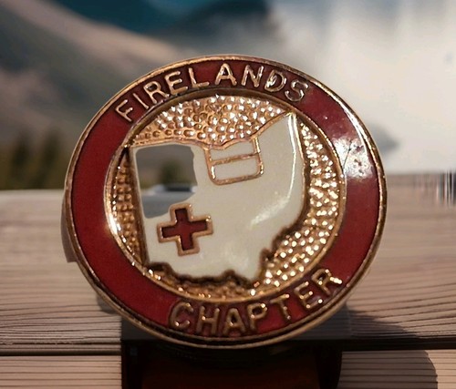 1980's Unique Firelands IOWA Chapter Red CROSS  LAPEL Hat Pin Estate Enamel B4