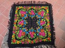 Floral large square shawl, Eastern European folk scarf, 100 wool, hand printed