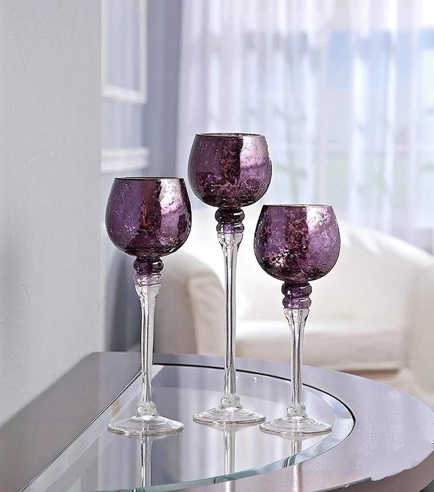 Hosley Juego de 3 soportes para candelabros de vidrio craquelado púrpura - 9", 10", 12" - NUEVO Foto 3 de 4