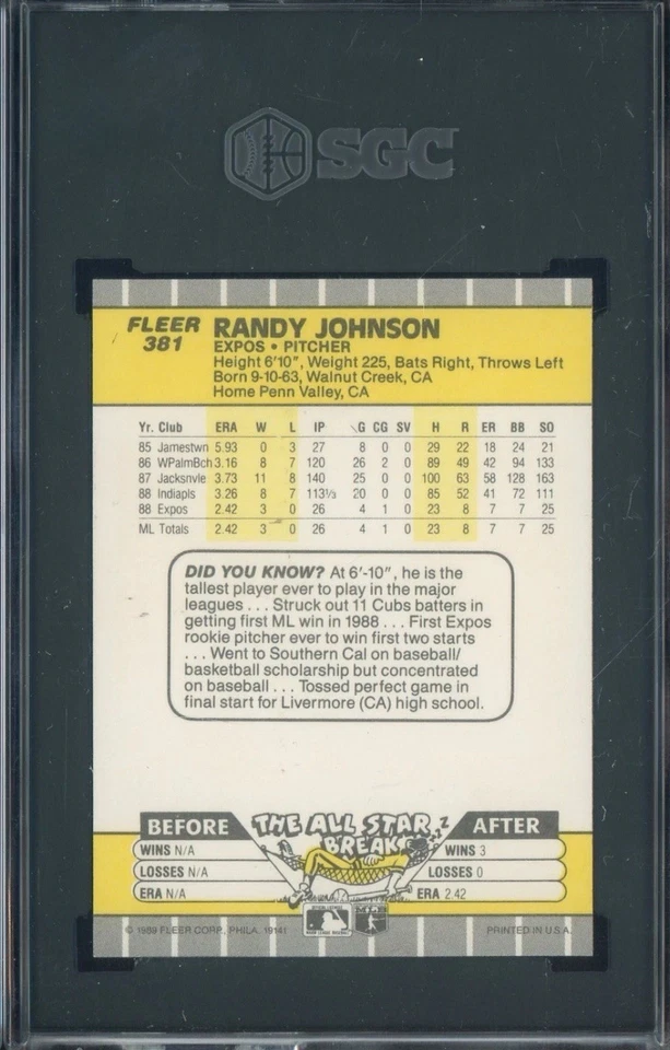 1989 Fleer Randy Johnson Marlboro AD Error #381 RC Rookie HOF SGC 9 MINT - Image 3 of 3