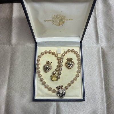 VTG 80s VENICE SIMPLON ORIENT EXPRESS CROWN & HEART PEARL NECKLACE EARRING SET