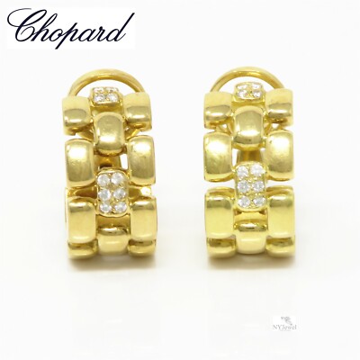 NYJEWEL Chopard 18k Yellow Gold Diamond Half Hoop Huggie Earrings